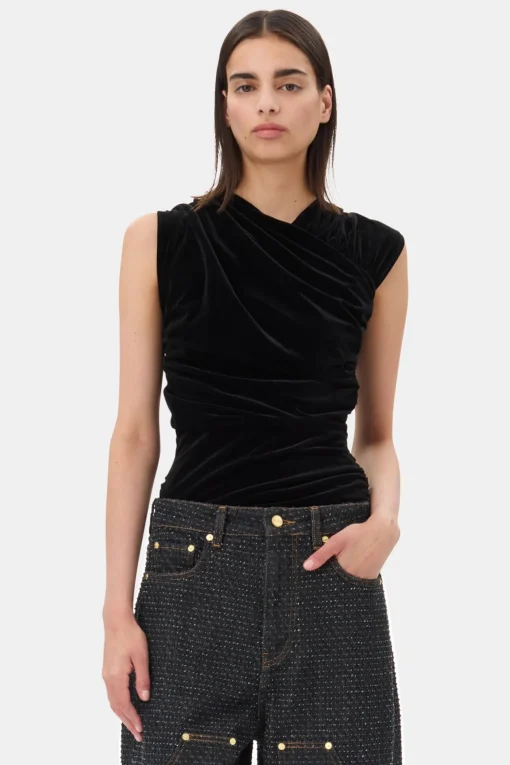 GANNI Topper<Velvet Ruched-topp Black