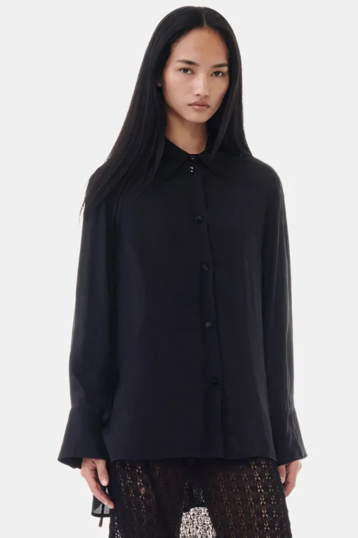 GANNI Topper<Viscose Habotai Oversized-skjorte Black