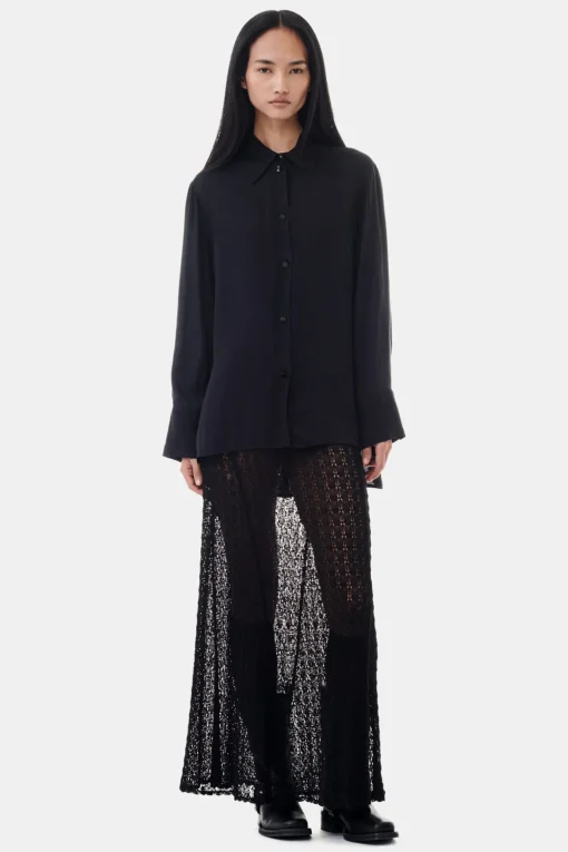 GANNI Topper<Viscose Habotai Oversized-skjorte Black
