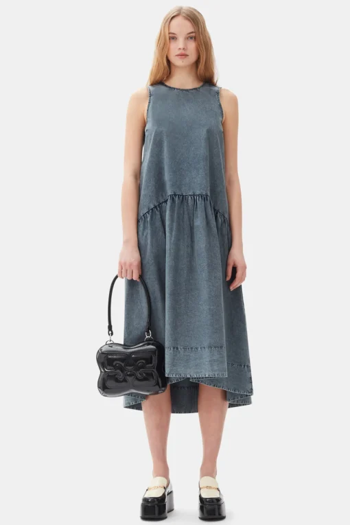 GANNI Kjoler<Blue Cotton Poplin Open Back Midi-kjole SkyCaptain