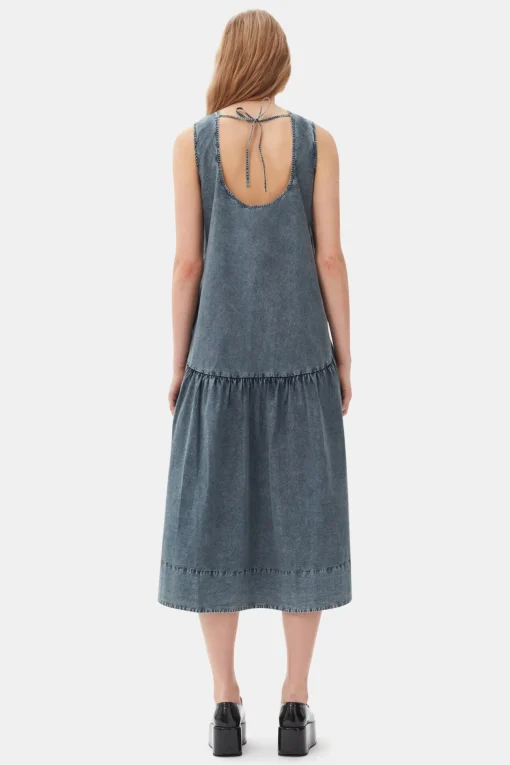 GANNI Kjoler<Blue Cotton Poplin Open Back Midi-kjole SkyCaptain