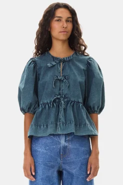 GANNI Ganni Exclusives | Topper<Blue Cotton Poplin Peplum Tie-bluse SkyCaptain