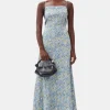 GANNI Kjoler<Blue Floral Crinkled Satin Long-kjole DustyBlue