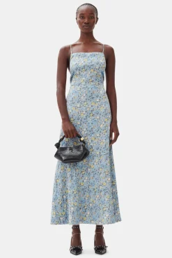 GANNI Kjoler<Blue Floral Crinkled Satin Long-kjole DustyBlue