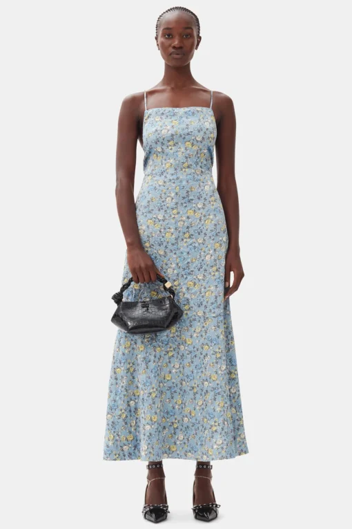GANNI Kjoler<Blue Floral Crinkled Satin Long-kjole DustyBlue