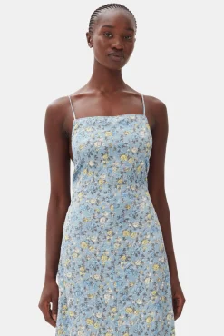 GANNI Kjoler<Blue Floral Crinkled Satin Long-kjole DustyBlue