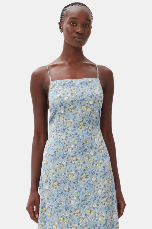 GANNI Kjoler<Blue Floral Crinkled Satin Long-kjole DustyBlue