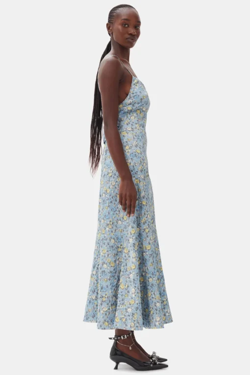 GANNI Kjoler<Blue Floral Crinkled Satin Long-kjole DustyBlue