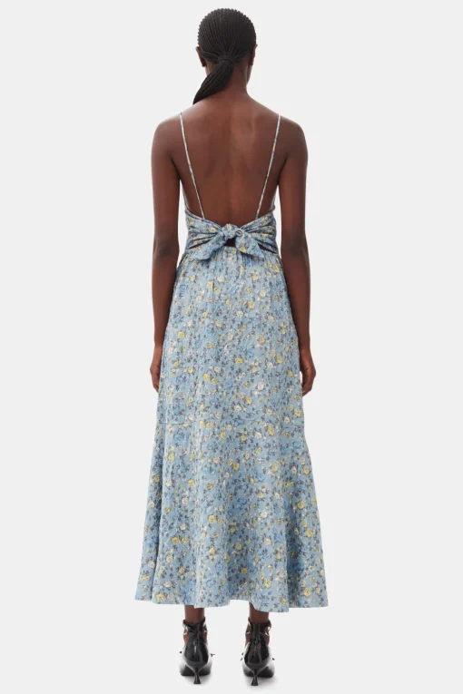 GANNI Kjoler<Blue Floral Crinkled Satin Long-kjole DustyBlue