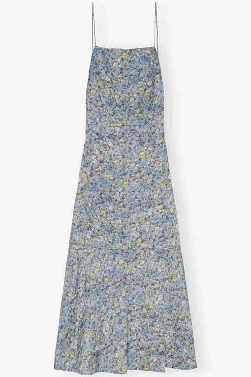 GANNI Kjoler<Blue Floral Crinkled Satin Long-kjole DustyBlue