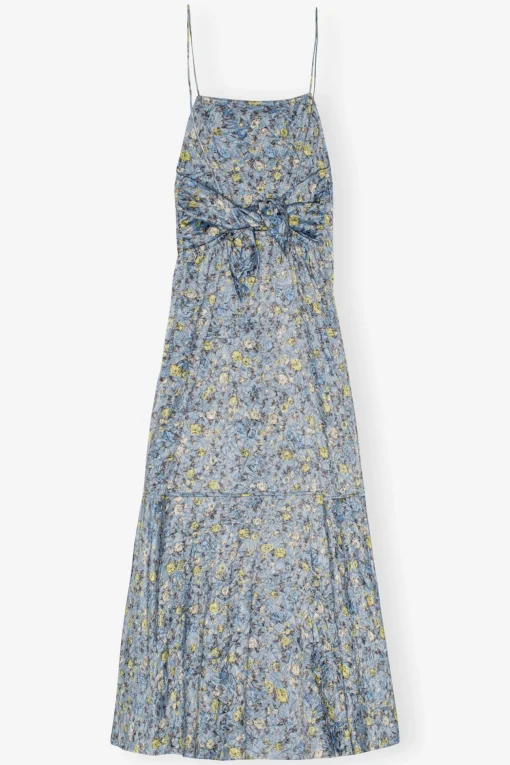 GANNI Kjoler<Blue Floral Crinkled Satin Long-kjole DustyBlue