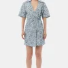 GANNI Kjoler<Blue Floral Printed Cotton Wrap Mini-kjole GlacierLake