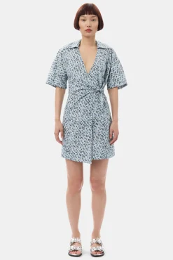 GANNI Kjoler<Blue Floral Printed Cotton Wrap Mini-kjole GlacierLake