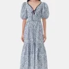 GANNI Kjoler<Blue Floral Printed Cotton Long Smock-kjole GlacierLake