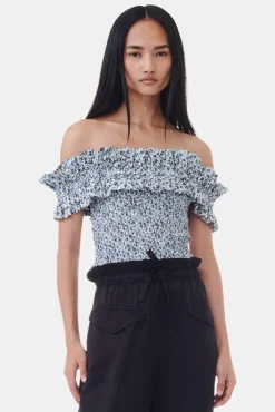 GANNI Sett | Topper<Blue Floral Printed Cotton Off-shoulder Smock-topp GlacierLake