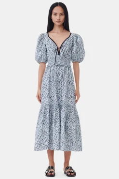 GANNI Kjoler<Blue Floral Printed Cotton Long Smock-kjole GlacierLake