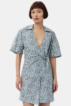 GANNI Kjoler<Blue Floral Printed Cotton Wrap Mini-kjole GlacierLake