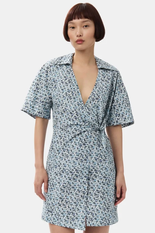 GANNI Kjoler<Blue Floral Printed Cotton Wrap Mini-kjole GlacierLake