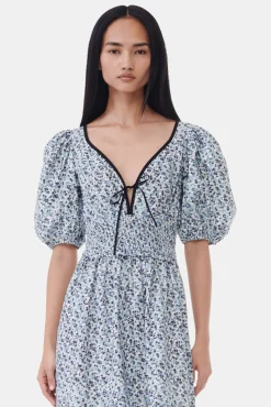 GANNI Kjoler<Blue Floral Printed Cotton Long Smock-kjole GlacierLake