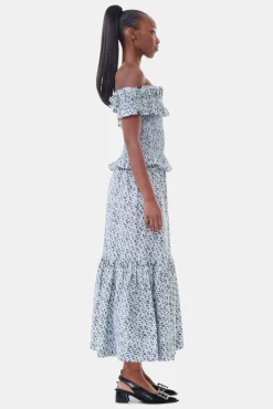 GANNI Sett | Skjørt<Blue Floral Printed Cotton Maxi Flounce-skjørt GlacierLake