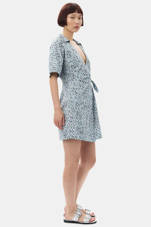 GANNI Kjoler<Blue Floral Printed Cotton Wrap Mini-kjole GlacierLake