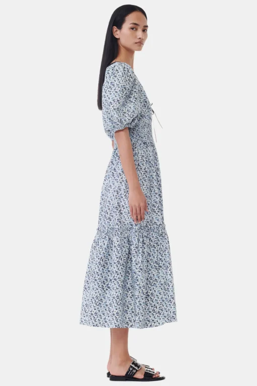GANNI Kjoler<Blue Floral Printed Cotton Long Smock-kjole GlacierLake