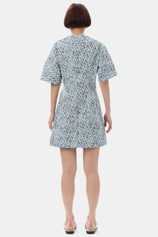 GANNI Kjoler<Blue Floral Printed Cotton Wrap Mini-kjole GlacierLake