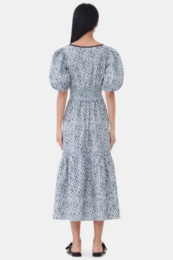 GANNI Kjoler<Blue Floral Printed Cotton Long Smock-kjole GlacierLake
