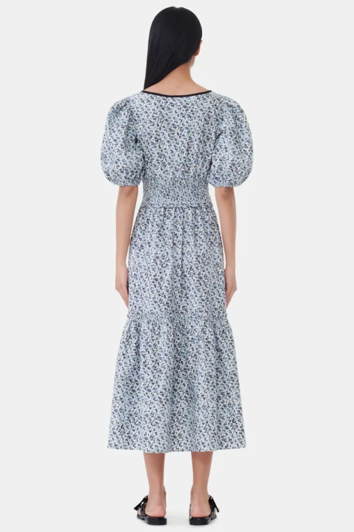 GANNI Kjoler<Blue Floral Printed Cotton Long Smock-kjole GlacierLake