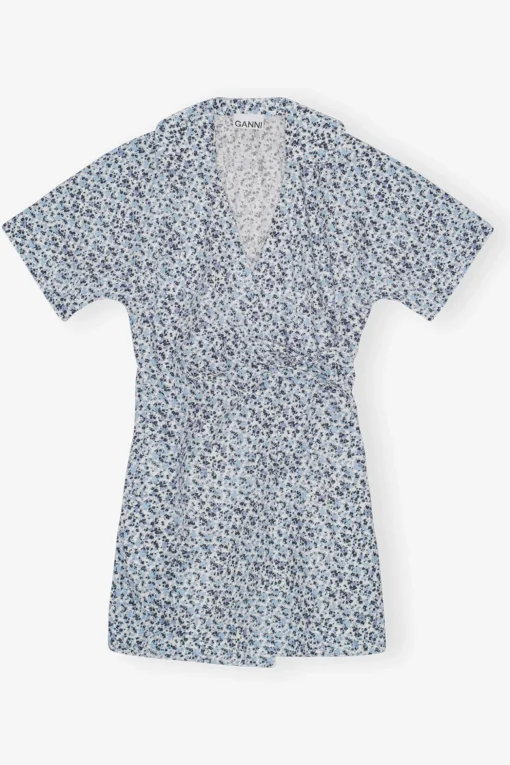 GANNI Kjoler<Blue Floral Printed Cotton Wrap Mini-kjole GlacierLake