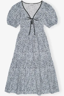 GANNI Kjoler<Blue Floral Printed Cotton Long Smock-kjole GlacierLake
