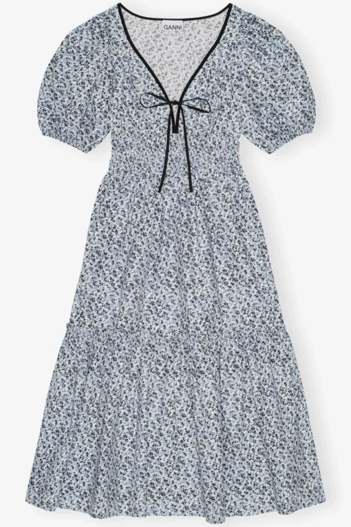 GANNI Kjoler<Blue Floral Printed Cotton Long Smock-kjole GlacierLake