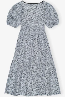 GANNI Kjoler<Blue Floral Printed Cotton Long Smock-kjole GlacierLake