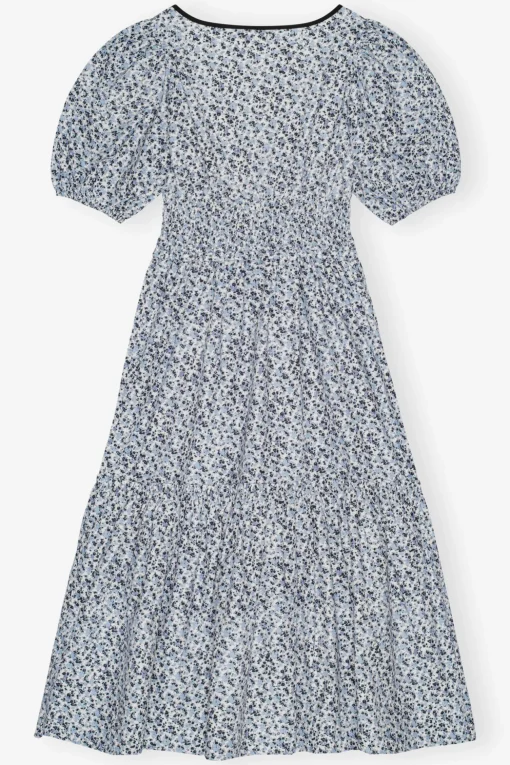GANNI Kjoler<Blue Floral Printed Cotton Long Smock-kjole GlacierLake