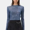 GANNI Festklær | Topper<Blue Printed Mesh Long Sleeve-bluse Denim