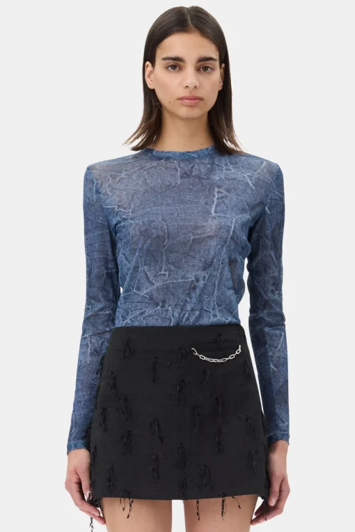 GANNI Festklær | Topper<Blue Printed Mesh Long Sleeve-bluse Denim