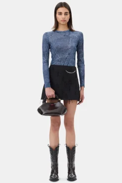 GANNI Festklær | Topper<Blue Printed Mesh Long Sleeve-bluse Denim