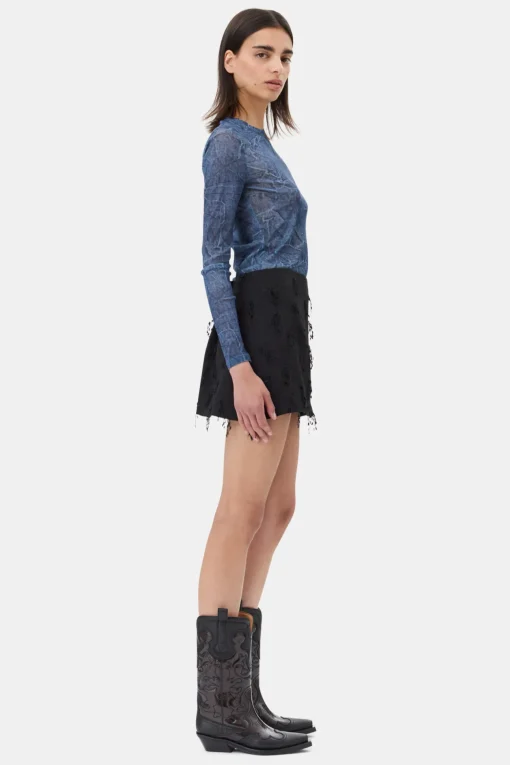 GANNI Festklær | Topper<Blue Printed Mesh Long Sleeve-bluse Denim