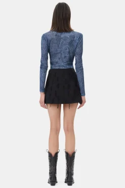 GANNI Festklær | Topper<Blue Printed Mesh Long Sleeve-bluse Denim