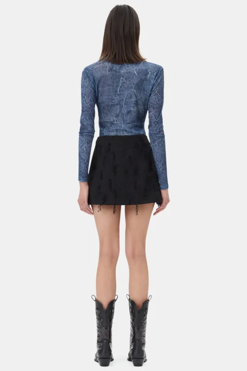 GANNI Festklær | Topper<Blue Printed Mesh Long Sleeve-bluse Denim