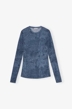 GANNI Festklær | Topper<Blue Printed Mesh Long Sleeve-bluse Denim