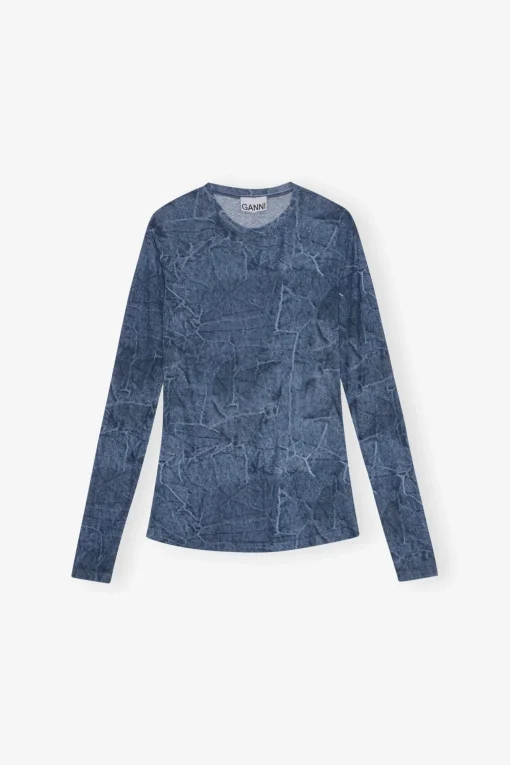 GANNI Festklær | Topper<Blue Printed Mesh Long Sleeve-bluse Denim