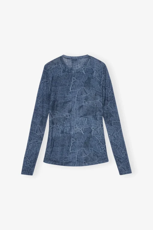 GANNI Festklær | Topper<Blue Printed Mesh Long Sleeve-bluse Denim