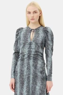 GANNI Ganni Exclusives | Kjoler<Blue Snake Print Ruched Midi-kjole CelestialBlue