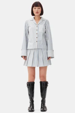 GANNI Sett | Skjørt<Blue Stripe Cotton Pleated Mini-skjørt Egret