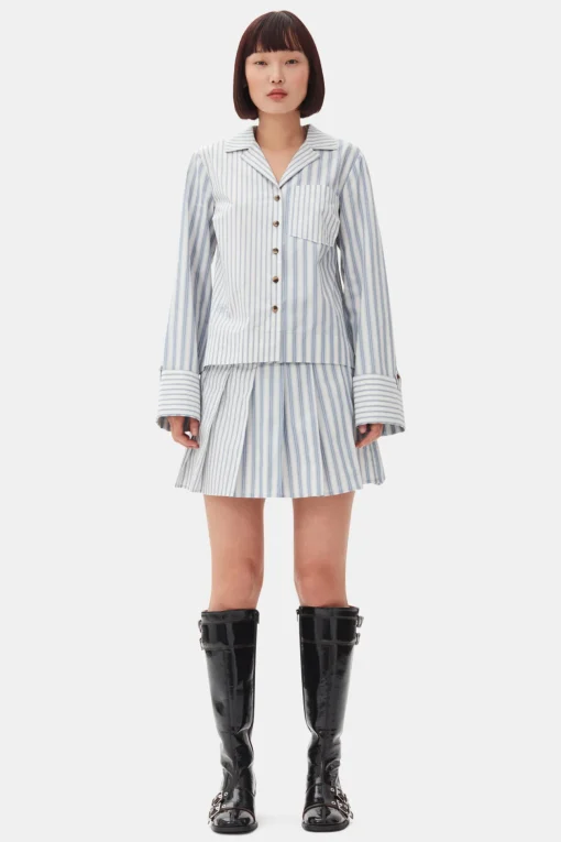 GANNI Sett | Skjørt<Blue Stripe Cotton Pleated Mini-skjørt Egret