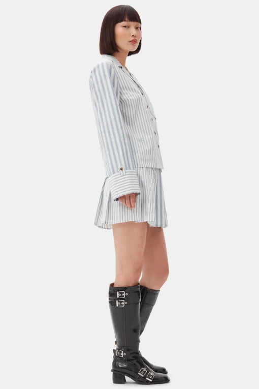 GANNI Sett | Skjørt<Blue Stripe Cotton Pleated Mini-skjørt Egret