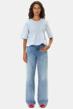 GANNI Ganni Exclusives | Topper<Blue Stripe Cotton Smock-bluse Egret