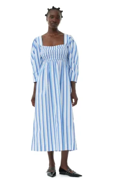 GANNI Kjoler<Blue Striped Cotton Smock Long-kjole SilverLakeBlue