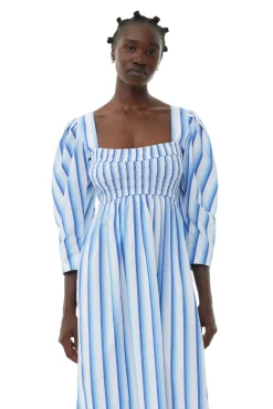 GANNI Kjoler<Blue Striped Cotton Smock Long-kjole SilverLakeBlue